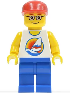 Surfboard on Ocean - Blue Legs, Red Cap, Red Eyebrows, Glasses