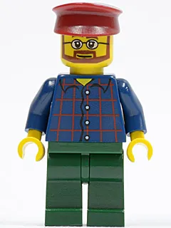 Plaid Button Shirt, Dark Green Legs, Dark Red Hat, Glasses, Reddish Brown Beard (Carousel Operator)