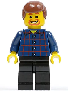 Plaid Button Shirt, Black Legs, Reddish Brown Male Hair, Dark Orange Goatee and Eyebrows