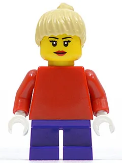 Plain Red Torso with Red Arms, Dark Purple Short Legs, Tan Female Ponytail Hair, Black Eyebrows