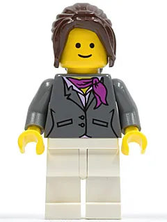 Dark Bluish Gray Jacket with Magenta Scarf, White Legs, Dark Brown Hair Ponytail Long with Side Bangs