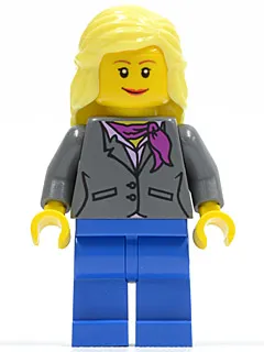 Dark Bluish Gray Jacket with Magenta Scarf, Blue Legs, Bright Light Yellow Female Hair Mid-Length