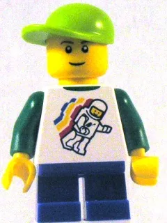 Classic Space Minifigure Floating Pattern, Blue Short Legs, Lime Short Bill Cap (Undetermined Eyebrows)