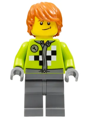 Lime Jacket with Wrench and Black and White Checkered Pattern, Dark Bluish Gray Legs, Dark Orange Hair, Crooked Smile