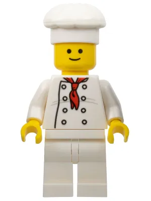 Chef - White Torso with 8 Buttons, Light Bluish Gray Wrinkles, WITH Back Print, White Legs, Standard Grin
