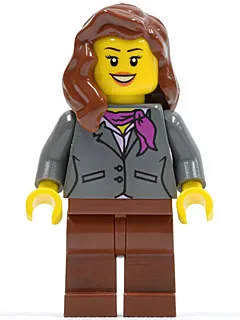 Dark Bluish Gray Jacket with Magenta Scarf, Reddish Brown Legs, Reddish Brown Female Hair over Shoulder