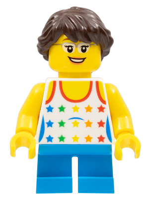 Shirt with Female Rainbow Stars Pattern, Dark Azure Short Legs, Glasses, Eyelashes, Dark Brown Hair