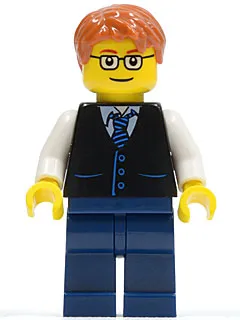 Black Vest with Blue Striped Tie, Dark Blue Legs, White Arms, Dark Orange Short Tousled Hair, Rectangular Glasses