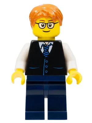 Black Vest with Blue Striped Tie, Dark Blue Legs, White Arms, Dark Orange Short Tousled Hair, Rounded Glasses