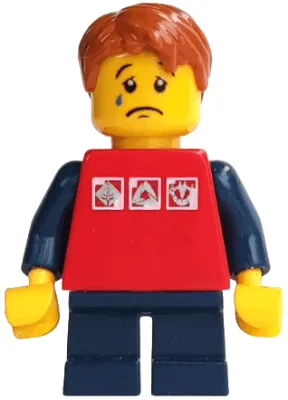 Red Shirt with 3 Silver Logos, Dark Blue Arms, Dark Blue Short Legs, Dark Orange Hair