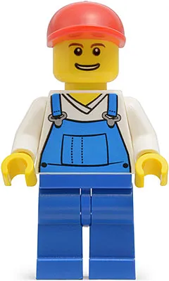 Overalls Blue over V-Neck Shirt, Blue Legs, Red Short Bill Cap, Grin with Teeth