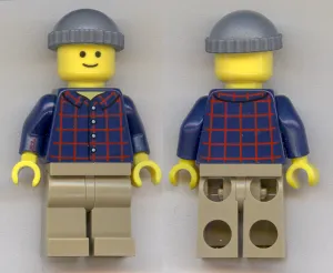 Plaid Button Shirt with Back Print, Dark Tan Legs, Dark Bluish Gray Knit Cap, Standard Grin (Pool Player)