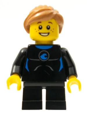 Wetsuit with Blue Sign, Black Short Legs, Medium Nougat Ponytail and Swept Sideways Fringe