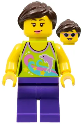 Female - Lime Halter Top with Dolphin Pattern, Dark Purple Legs, Dark Brown Ponytail and Swept Sideways Fringe, Dark Pink Lips