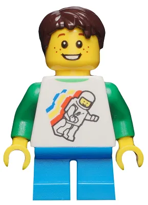 Classic Space Minifigure Floating Pattern, Dark Azure Short Legs, Dark Brown Short Tousled Hair