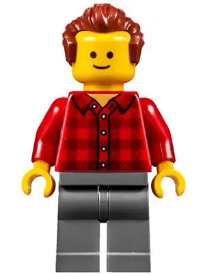 Music Store Assistant - Male, Red Plaid Flannel Shirt, Dark Bluish Gray Legs, Reddish Brown Hair