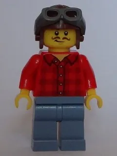 Red Plaid Flannel Shirt, Sand Blue Legs, Aviator Cap