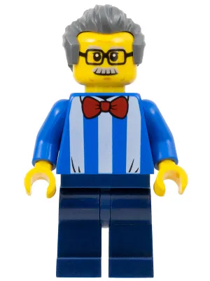 Carousel Ticket Vendor - Male, Blue Shirt with White Stripes and Red Bow Tie (Printed Back), Dark Blue Legs, Dark Bluish Gray Swept Back Hair, Moustache and Glasses