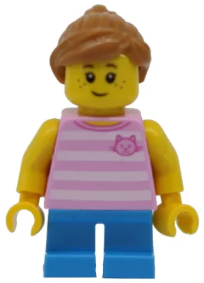 Child - Girl, Bright Pink Striped Shirt with Cat Head, Dark Azure Short Legs, Medium Nougat Ponytail, Freckles