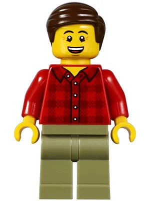 Dad, Red Plaid Flannel Shirt, Olive Green Legs, Dark Brown Smooth Hair