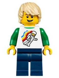 Boy - Classic Space Minifigure Floating Pattern, Dark Blue Legs, Tan Tousled Hair