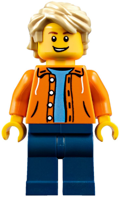 Orange Jacket with Hood over Light Blue Sweater, Dark Blue Legs, Tan Tousled Hair, Open Lopsided Grin