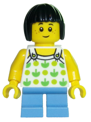 Child - Girl, White Halter Top with Green Apples and Lime Spots, Medium Blue Short Legs, Black Bob Cut Hair, Freckles