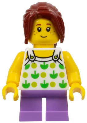 Child - Girl, White Halter Top with Green Apples and Lime Spots, Medium Lavender Short Legs, Dark Red Ponytail, Freckles