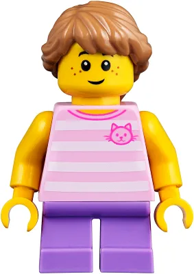 Child - Girl, Bright Pink Striped Shirt with Cat Head, Medium Lavender Short Legs, Medium Nougat Braided Hair
