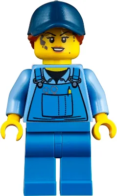 Mechanic - Female, Blue Overalls over Medium Blue Shirt, Blue Legs, Dark Blue Cap with Dark Orange Ponytail, No Back Print