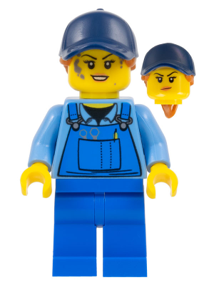 Mechanic - Female, Blue Overalls over Medium Blue Shirt, Blue Legs, Dark Blue Cap with Dark Orange Ponytail, Back Print