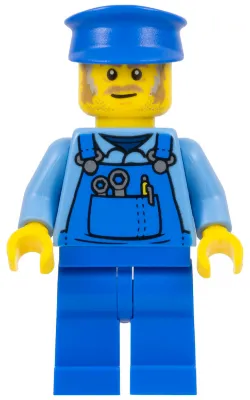 Mechanic - Male, Blue Overalls over Medium Blue Shirt, Blue Legs, Blue Police Hat, Dark Tan Moustache and Sideburns, Back Print