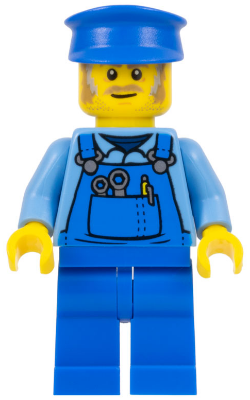 Mechanic - Male, Blue Overalls over Medium Blue Shirt, Blue Legs, Blue Police Hat, Dark Tan Moustache and Sideburns, Back Print
