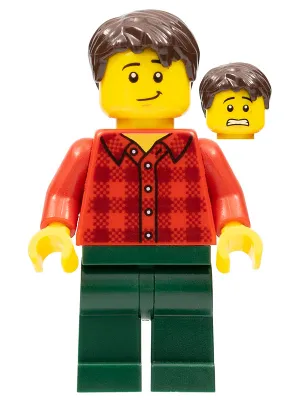 Man, Red Plaid Flannel Shirt, Dark Green Pants, Dark Brown Hair