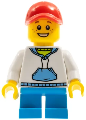 Child - Boy, White Hoodie with Medium Blue Pocket, Dark Azure Short Legs, Red Cap, Freckles