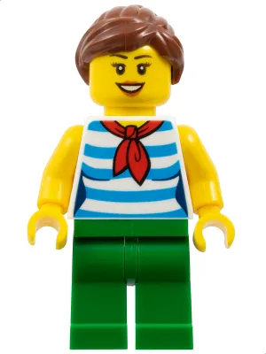 Fairground Carousel Rider - Female, Dark Azure and White Striped Shirt with Red Scarf, Green Legs, Reddish Brown Ponytail