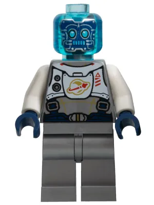 Cyber Drone Robot - Flat Silver Spacesuit with Harness and White Panel with Classic Space Logo, Trans-Light Blue Head