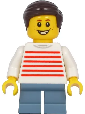 Child - Boy, White Sweater with Red Horizontal Stripes, Sand Blue Short Legs, Dark Brown Hair, Freckles