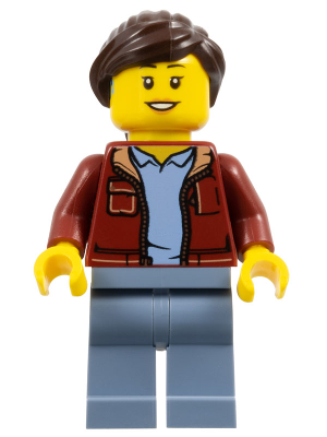 Woman, Dark Red Jacket with Bright Light Blue Shirt, Sand Blue Legs, Dark Brown Hair