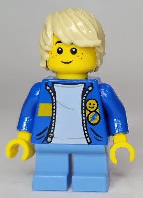 Child - Boy, Blue Jacket with Yellow Stripe, Medium Blue Short Legs, Tan Tousled Hair, Freckles