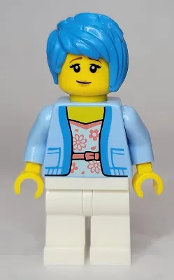 Woman - Bright Light Blue Jacket over White Shirt with Coral Flowers, White Legs, Dark Azure Tousled Hair