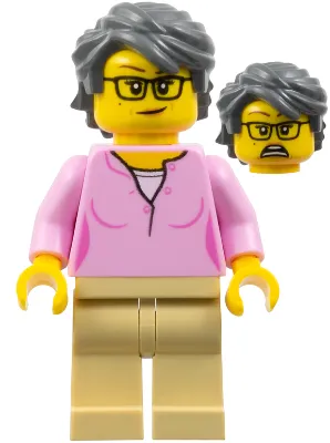 Woman, Bright Pink Shirt, Tan Legs, Dark Bluish Gray Swept Back Tousled Hair