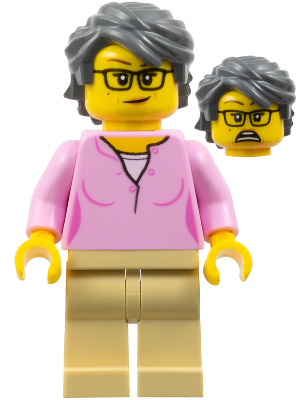 Woman, Bright Pink Shirt, Tan Legs, Dark Bluish Gray Swept Back Tousled Hair