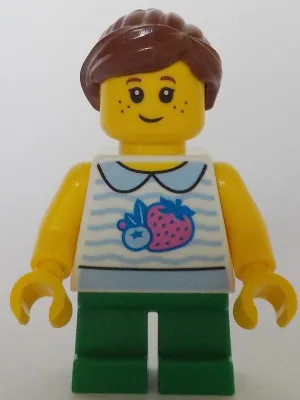 Child - Girl, White Collared Shirt with Fruit, Green Short Legs, Reddish Brown Ponytail, Freckles