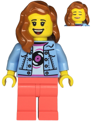 Record Store Clerk - Female, Bright Light Blue Denim Jacket over Shirt with Record, Coral Legs, Dark Orange Hair, Freckles