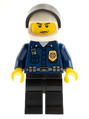 Police - World City Patrolman, Dark Blue Shirt with Badge and Radio, Black Legs, White Helmet, Black Visor