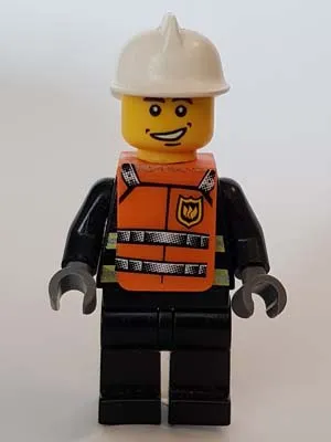 Reflective Stripes, Black Legs, White Fire Helmet, Smile, Orange Vest with Straps and Fire Logo and 'FIRE' Pattern (Stickers)