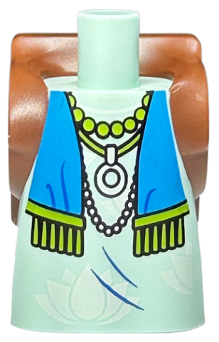 Body Short Dress with Arm Pin Holes with Molded Reddish Brown Backpack and Printed White Flowers, Dark Azure Scarf with Lime Tassels, and Necklaces Pattern