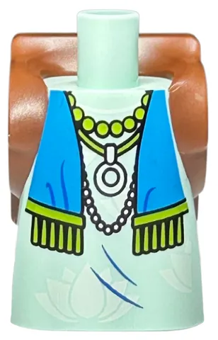 Body Short Dress with Arm Pin Holes with Molded Reddish Brown Backpack and Printed White Flowers, Dark Azure Scarf with Lime Tassels, and Necklaces Pattern