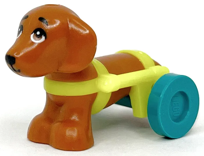 Dog, Friends Style, Dachshund with Neon Yellow Wheelchair Harness with Dark Turquoise Wheels (Pickle)